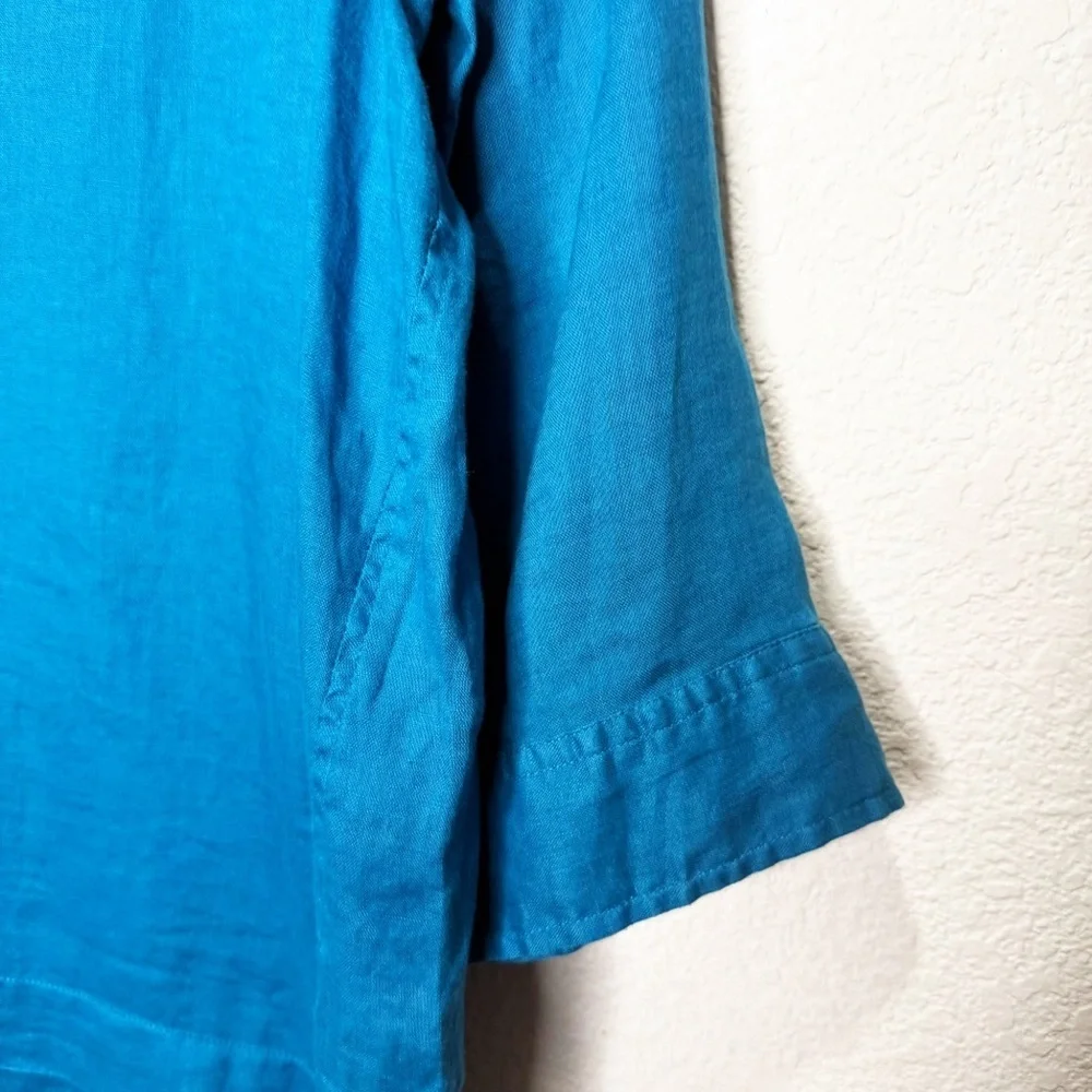 J. Jill Love Linen Tahitian Teal Popover Button Tunic Top Blouse - Picture 5 of 10